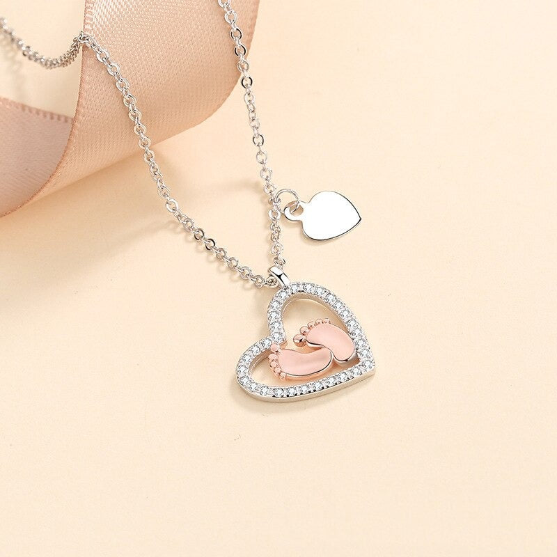 Baby Feet Heart Pure Silver Necklace Gift Set